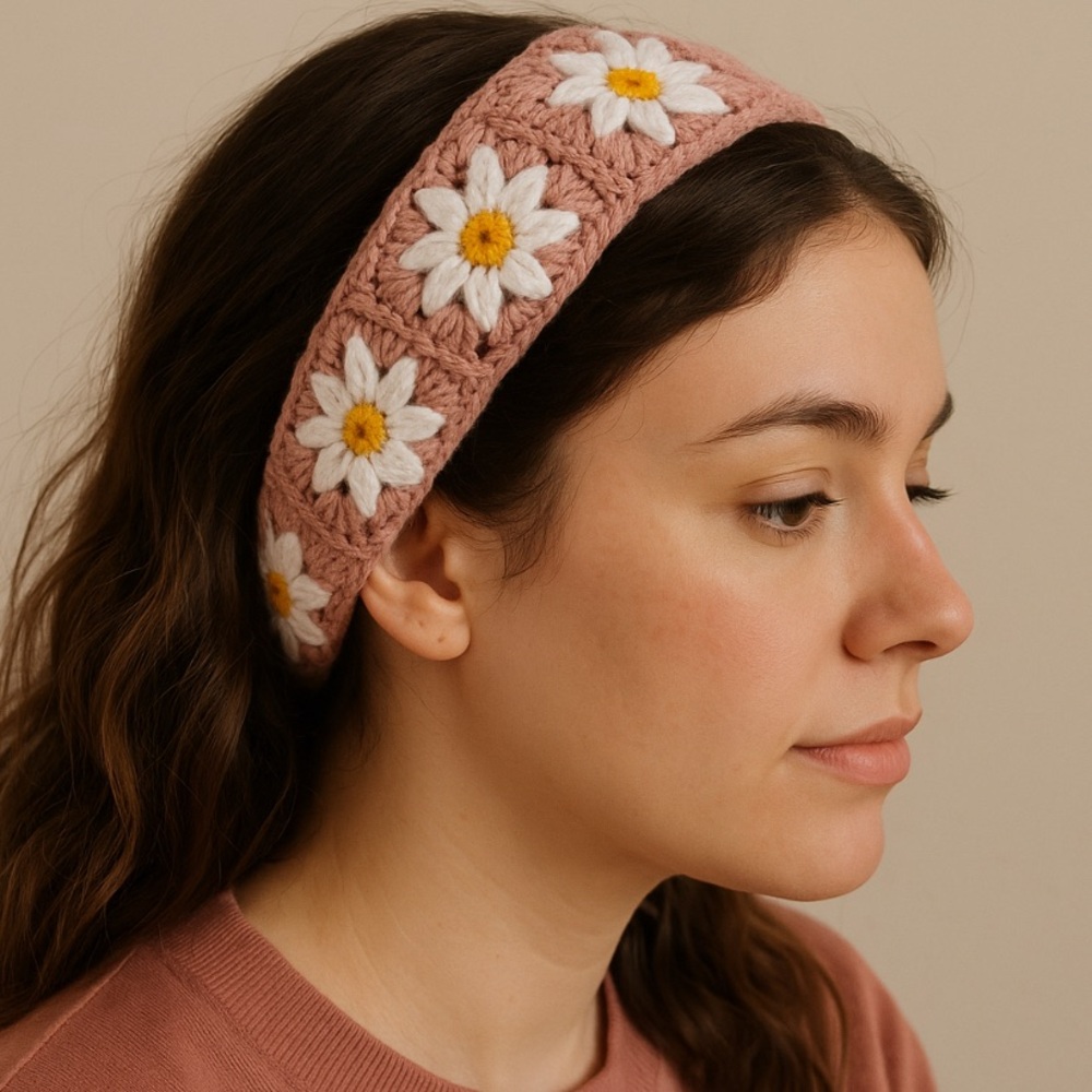 Pink Floral Crochet Headband